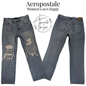 Aeropostale 90's Baggy Jeans Women Light Wash 12 Mid Rise Distressed‎ Grunge Y2k